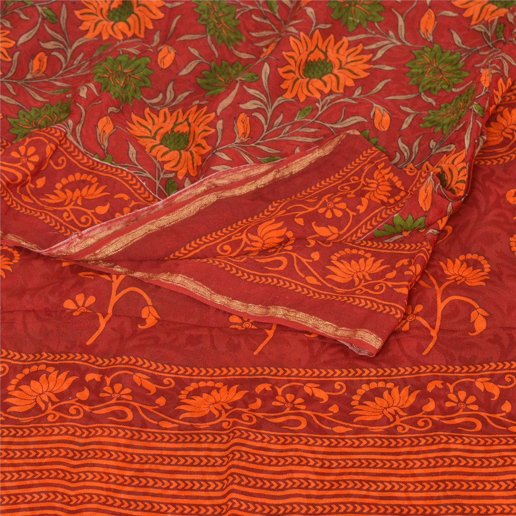 Sanskriti Vintage Dark Red Sari Printed Blend Georgette Sarees Craft Fabric