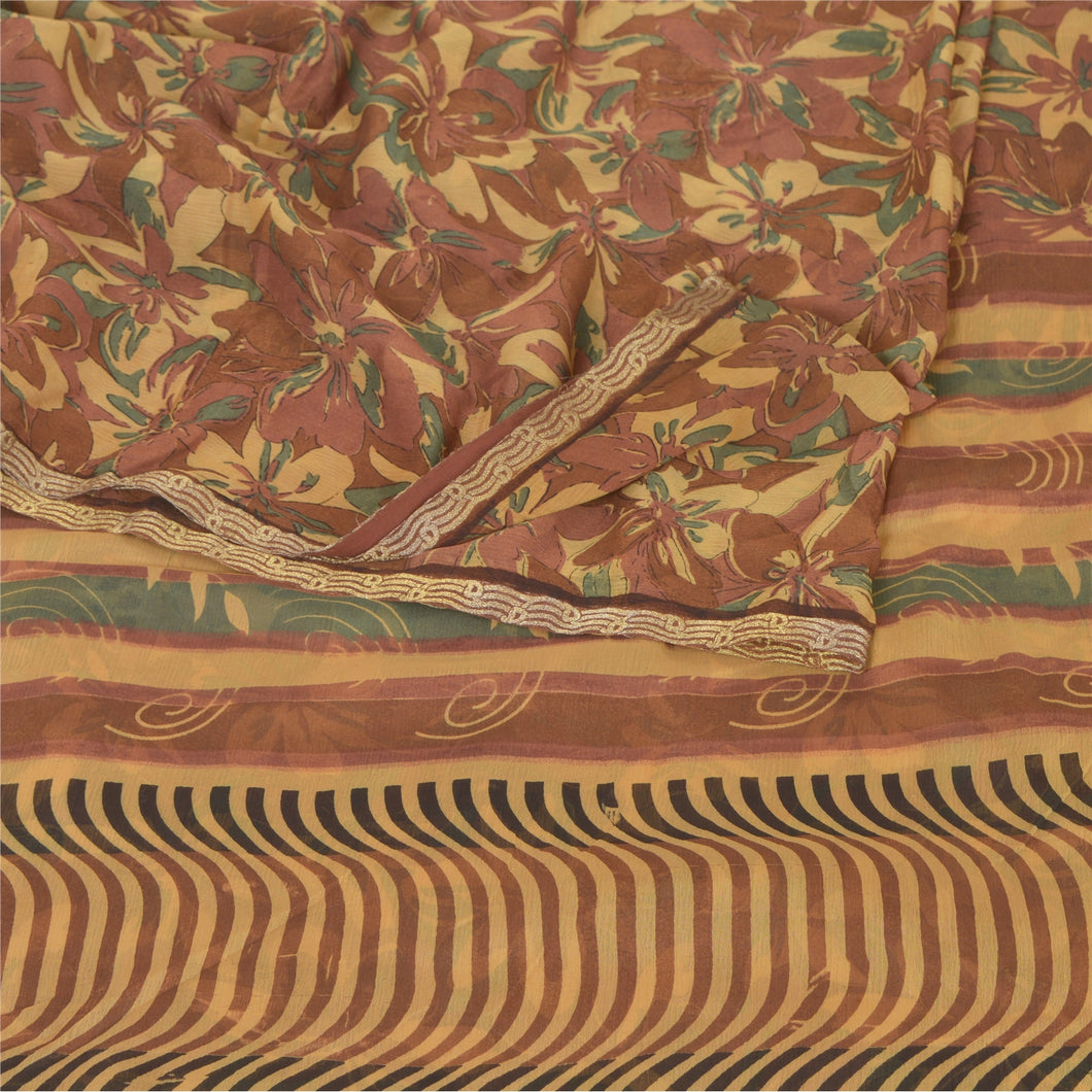 Sanskriti Vintage Brown Sarees Chiffon Silk Printed Fabric Craft 5 Yard Sari
