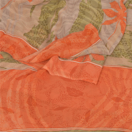 Sanskriti Vintage Cream Sari 100% Pure Georgette Silk Printed Sustainable Fabric Craft Sari