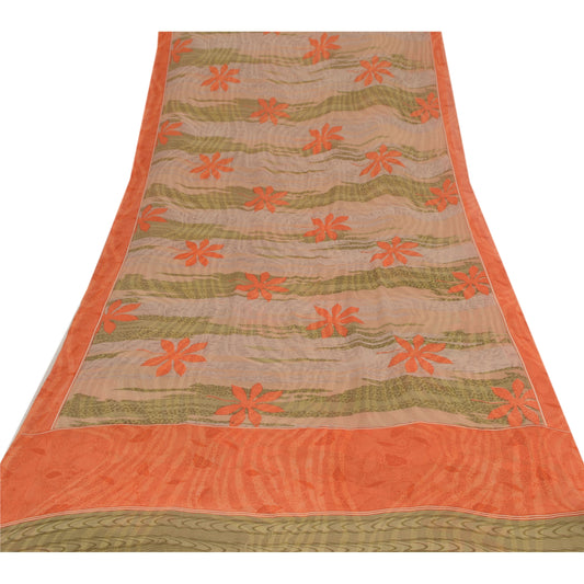 Sanskriti Vintage Cream Sari 100% Pure Georgette Silk Printed Sustainable Fabric Craft Sari