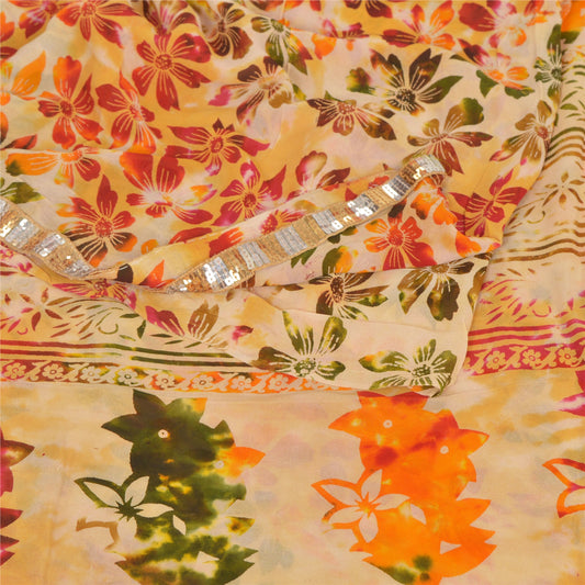 Sanskriti Vintage Cream Sari Blend Georgette Printed Sustainable Fabric Craft Decor Sari