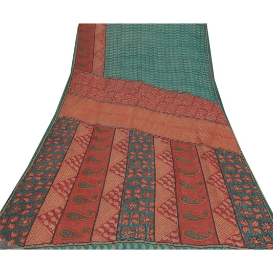 Sanskriti Vintage Green Sarees Pure Georgette Silk Printed Sustainable Fabric Craft Sari