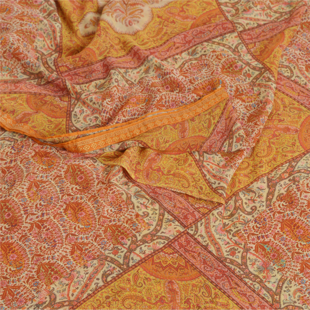 Sanskriti Vintage Cream Indian Sari Georgette Printed Fabric Craft Decor Sarees