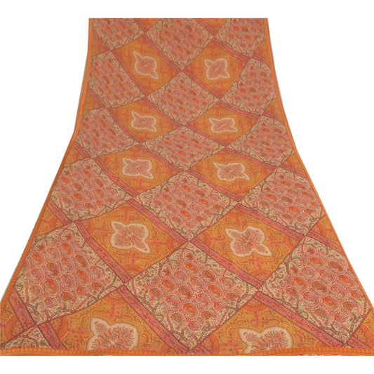 Sanskriti Vintage Cream Indian Sari Georgette Printed Sustainable Fabric Craft Decor Sarees
