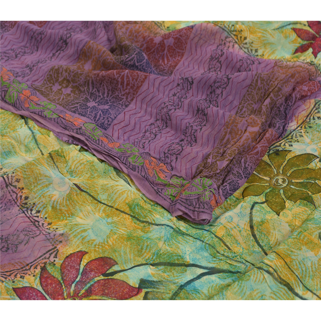 Sanskriti Vintage Purple Indian Sari Blend Georgette Printed Fabric Craft Sarees