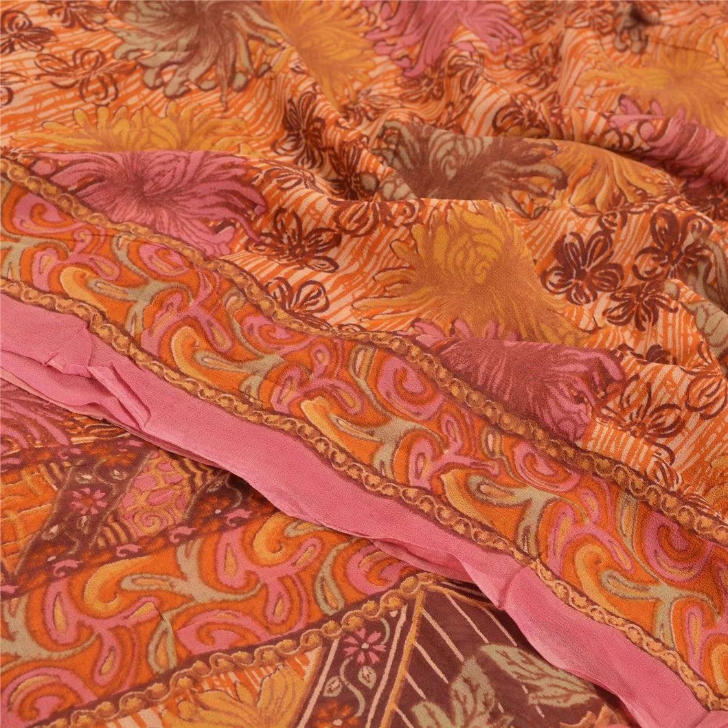 Sanskriti Vintage Saffron Sarees Blend Georgette Printed Fabric Craft Decor Sari
