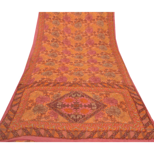 Sanskriti Vintage Saffron Sarees Blend Georgette Printed Sustainable Fabric Craft Decor Sari