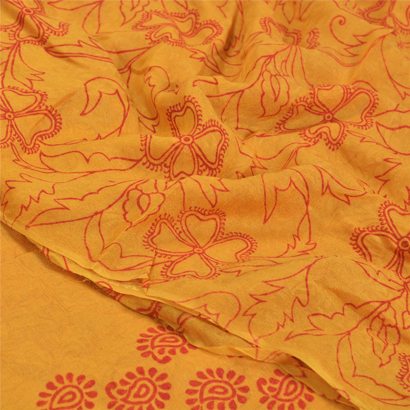 Sanskriti Vintage 100% Pure Georgette Silk Yellow Printed Woven Fabric Craft Saree Floral Recycled For Quilting Felting, Home Decor