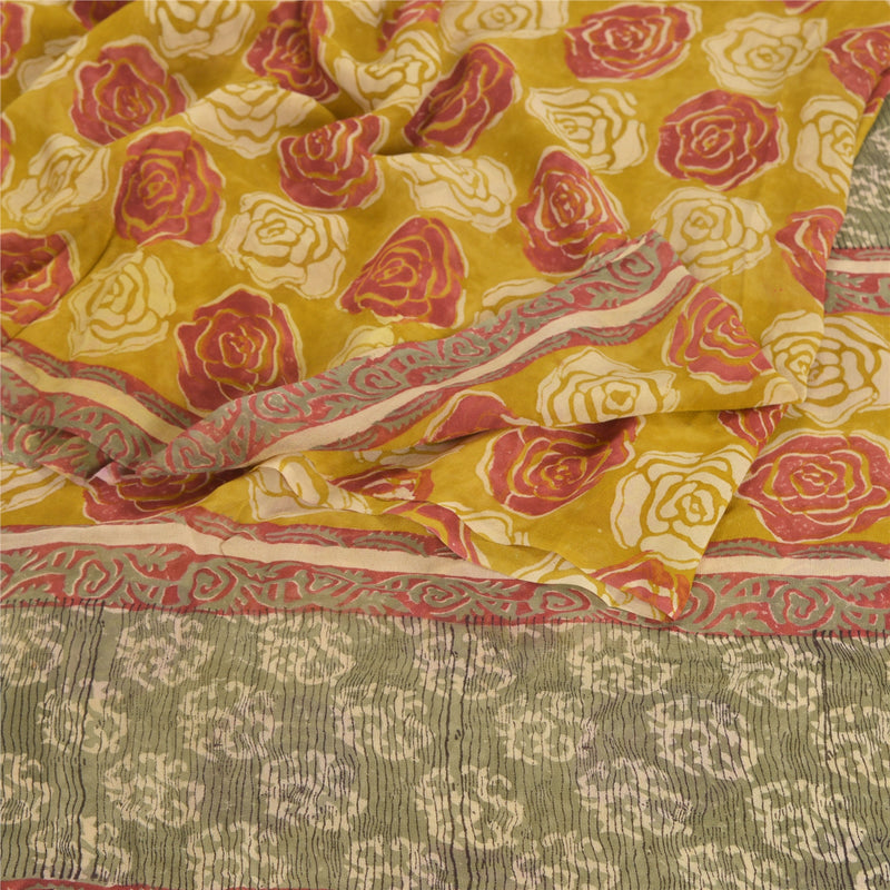 Sanskriti Vintage Green Sarees Pure Georgette Silk Sustainable Fabric Craft Printed Sari