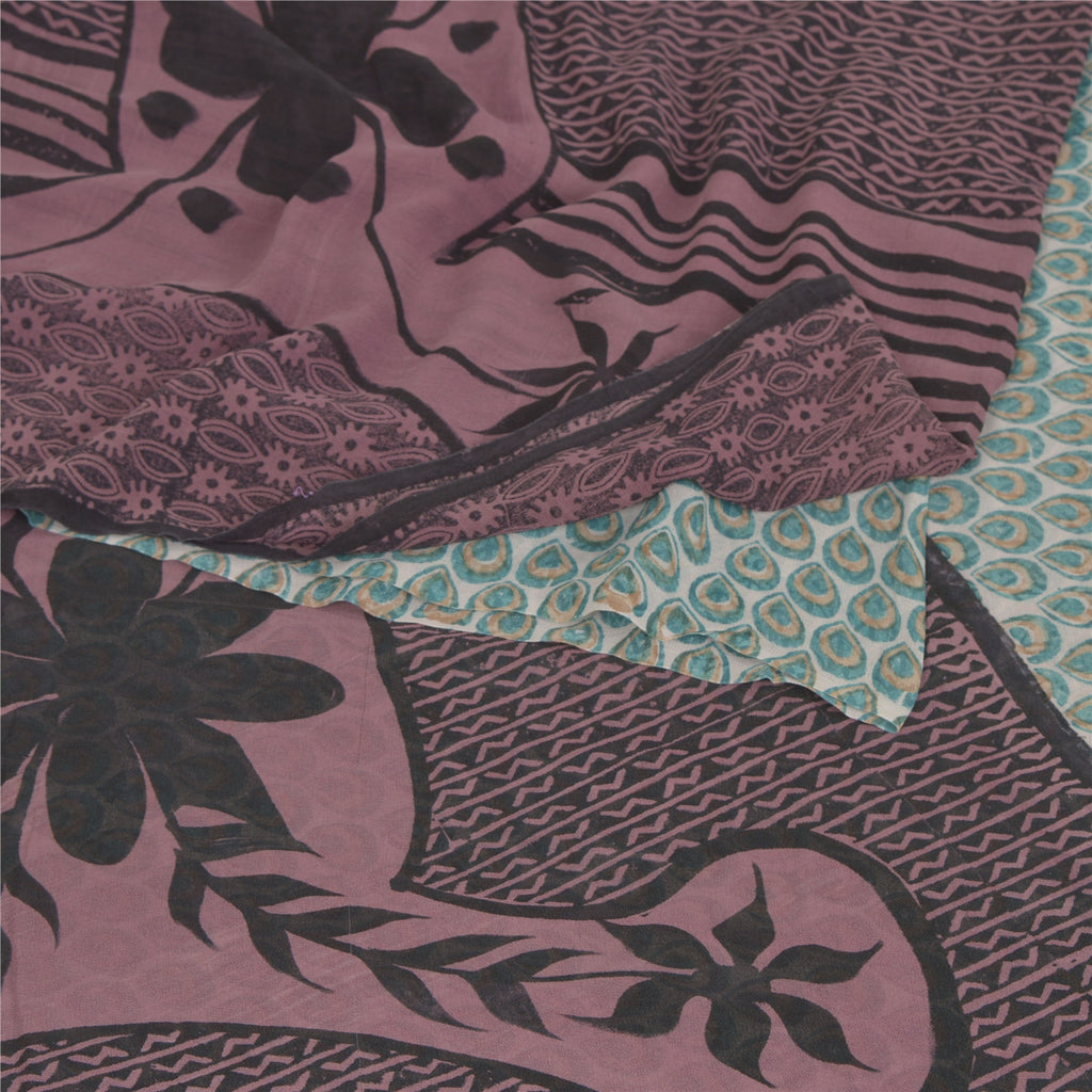 Sanskriti Vintage Sari 100% Pure Georgette Silk Purple/Blue Printed Sarees 5yd Craft Fabric