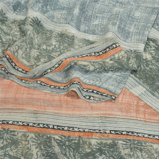 Sanskriti Vintage Sarees Blend Georgette Sustainable Fabric Craft Printed Green 5 Yard Sari