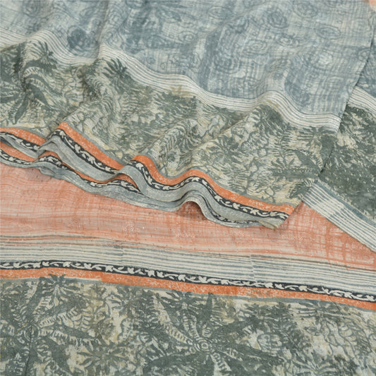 Sanskriti Vintage Sarees Blend Georgette Sustainable Fabric Craft Printed Green 5 Yard Sari