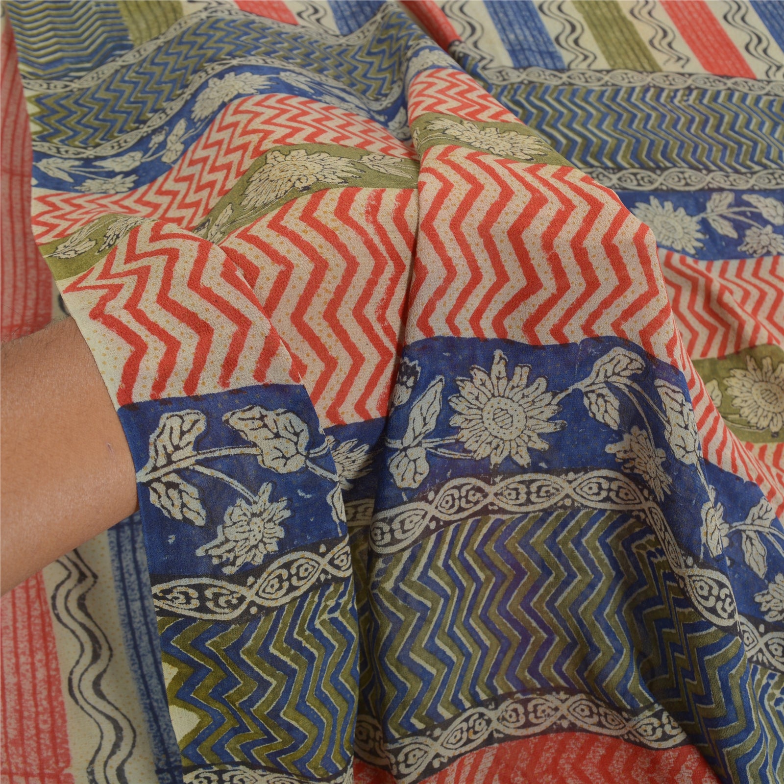 Sanskriti Vintage Saree 100% Pure Georgette Silk 6 Yd Saree Multicolor Hand Block Printed Sari Craft Fabric For Upcycled Sarongs, Scarves