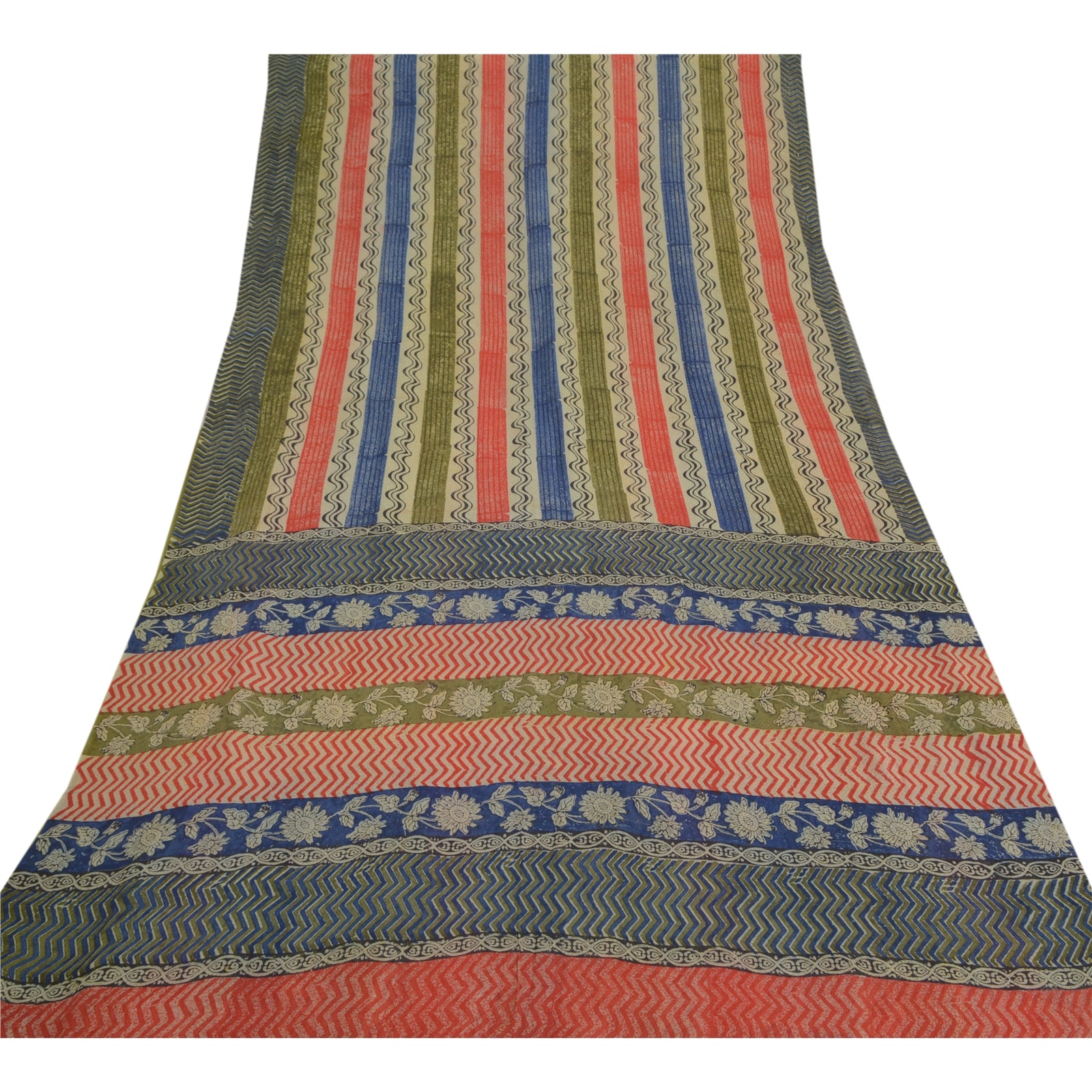 Sanskriti Vintage Saree 100% Pure Georgette Silk 6 Yd Saree Multicolor Hand Block Printed Sari Craft Fabric For Upcycled Sarongs, Scarves