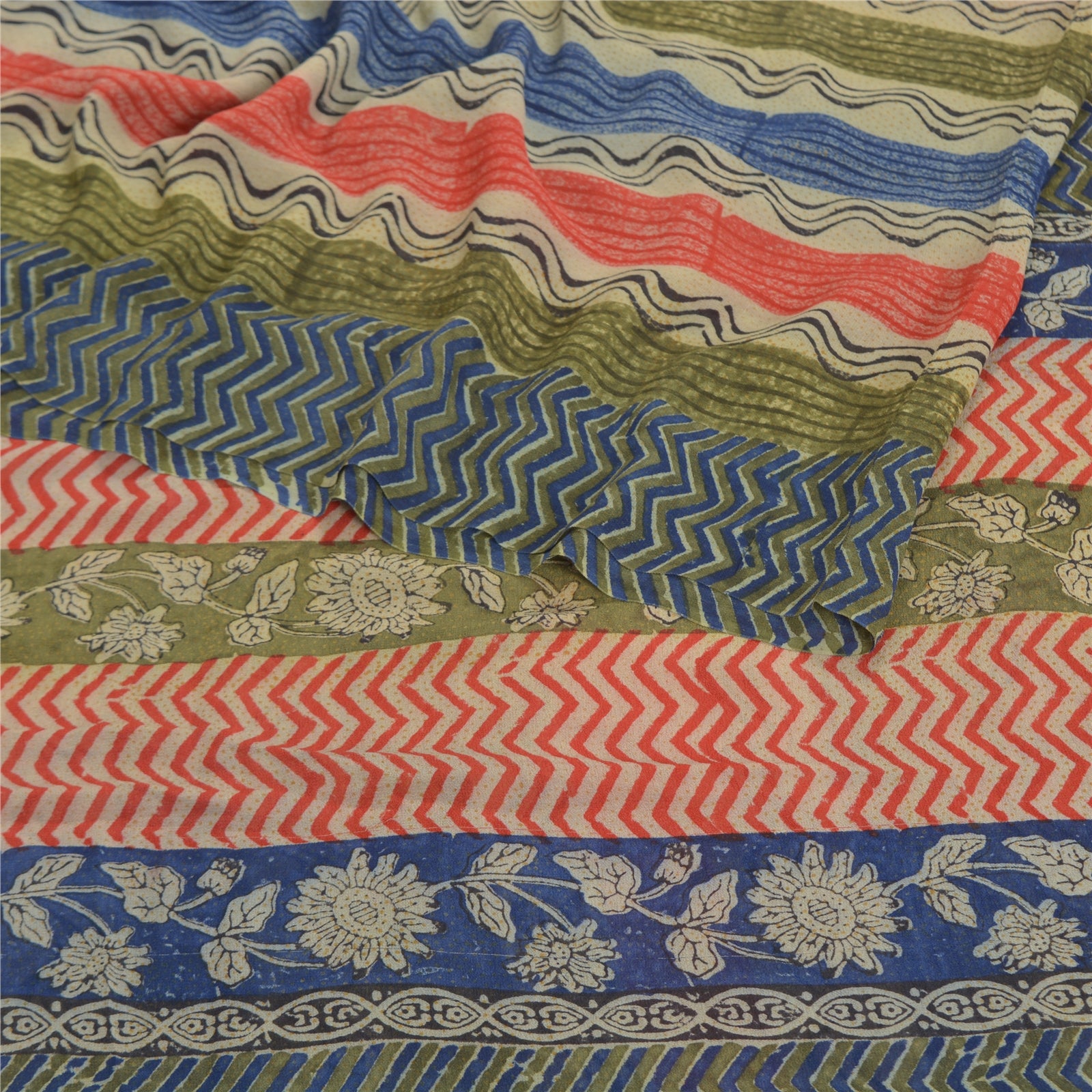 Sanskriti Vintage Saree 100% Pure Georgette Silk 6 Yd Saree Multicolor Hand Block Printed Sari Craft Fabric For Upcycled Sarongs, Scarves