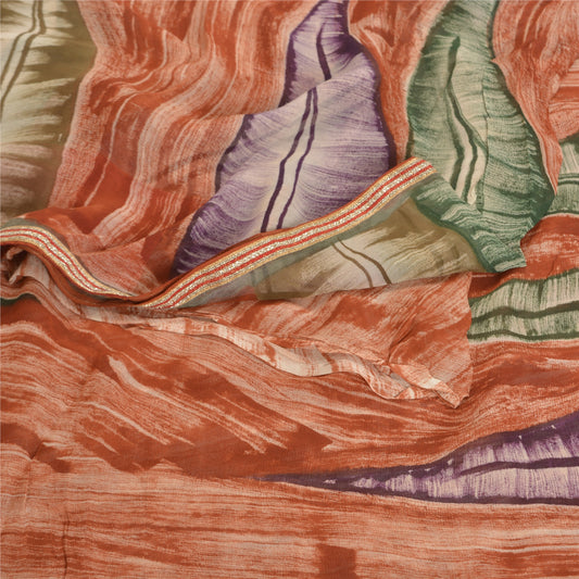 Sanskriti Vintage Brown Sarees Blend Georgette Printed Sari 5 Yard Craft Sustainable Fabric