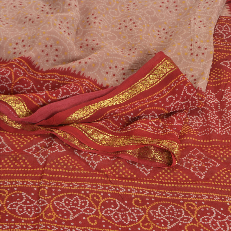 Sanskriti Vintage Sari Blend Georgette Pink Sarees Bandhani Printed 5 yard Craft Fabric For Crafting, Upcycling, or Even Wearing