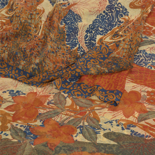 Sanskriti Vintage Brun Sari Georgette Trykt Sari 5 Yard Dekoration Håndværk Bæredygtigt Stof