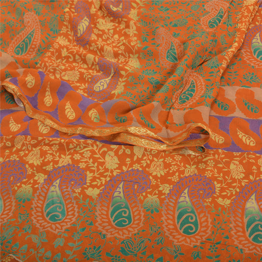 Sanskriti Vintage Orange Sari Blend Georgette Trykt Sari Dekoration Håndværk Bæredygtigt Stoff