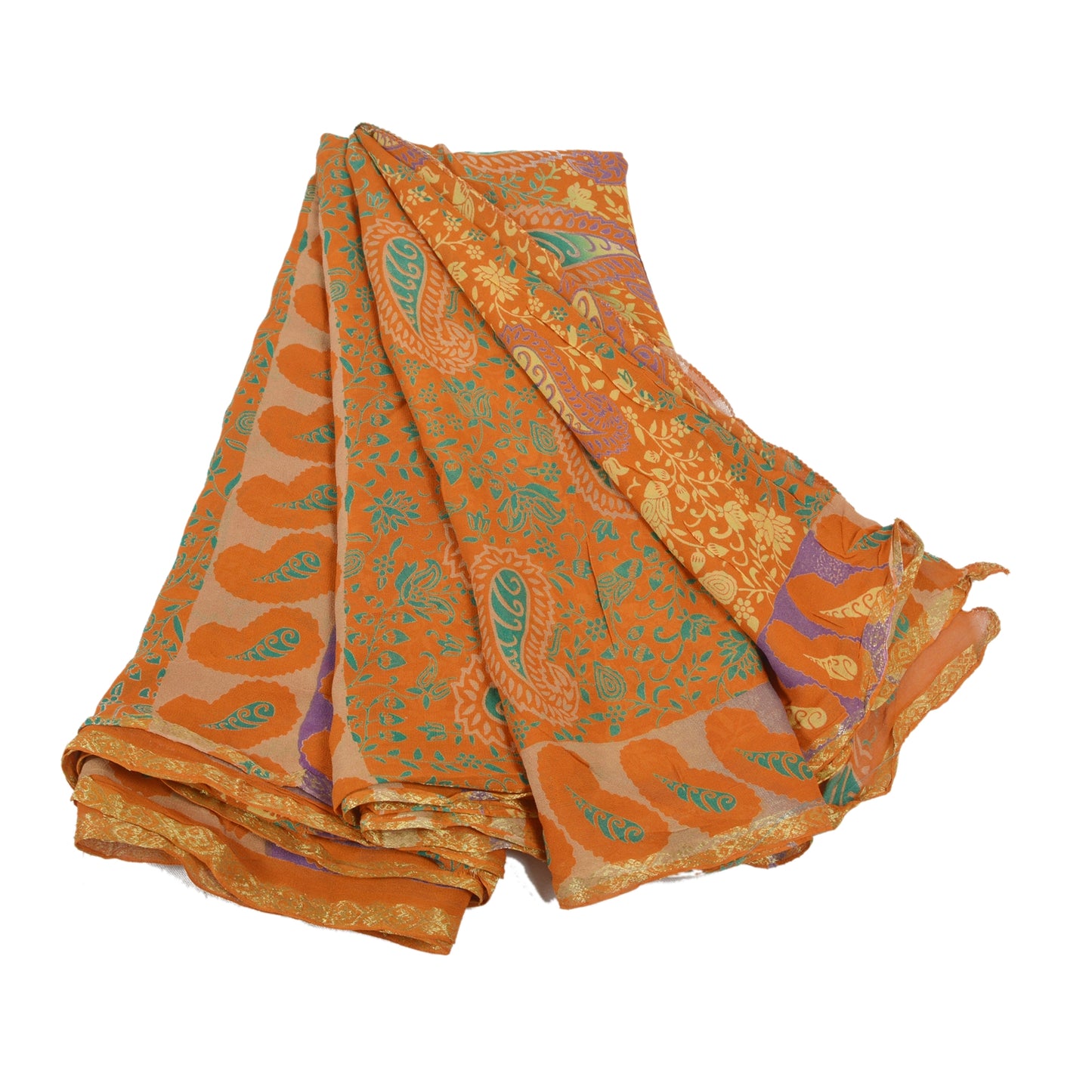 Sanskriti Vintage Orange Saree Blend Georgette Printed Sari Decor Craft Sustainable Fabric