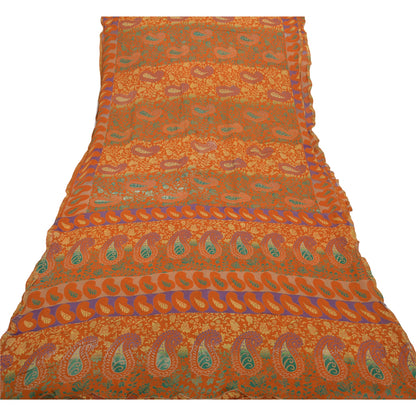 Sanskriti Vintage Orange Saree Blend Georgette Printed Sari Decor Craft Sustainable Fabric