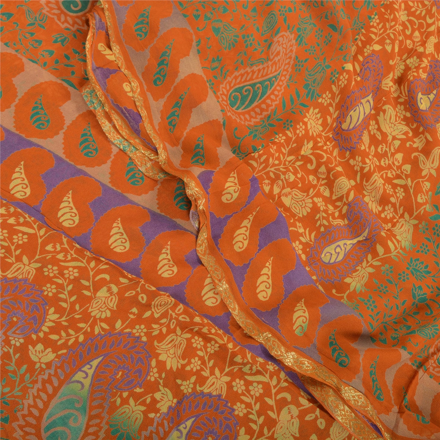 Sanskriti Vintage Orange Saree Blend Georgette Printed Sari Decor Craft Sustainable Fabric