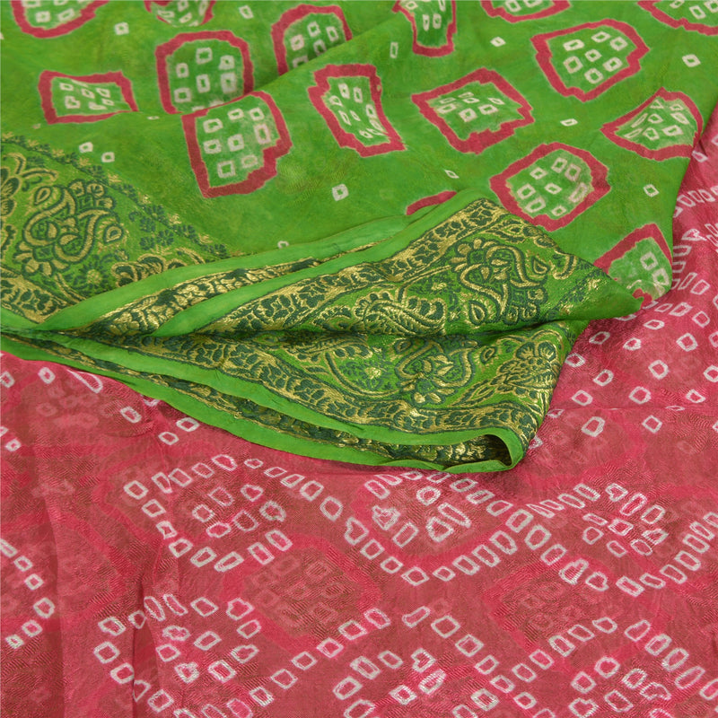 Sanskriti Vintage Sari 100% Pure Georgette Silk Green Saree Bandhani Printed 5yd Craft Fabric Home Decor, Women Floral Outfit, Silk Scrap