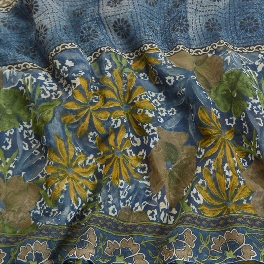 Sanskriti Vintage Blue Saree Georgette Printed Sari 5 Yard Floral Craft Sustainable Fabric