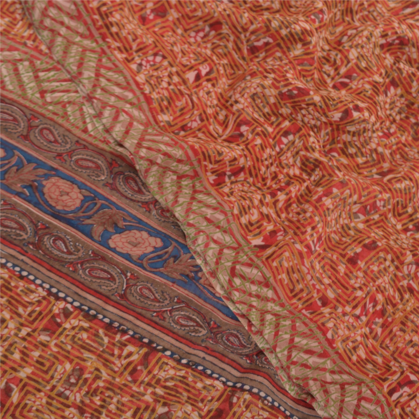 Sanskriti Vintage Røde Sarier 100% Ren Georgette Silke Trykt Sari Håndværk Bæredygtigt Stoff