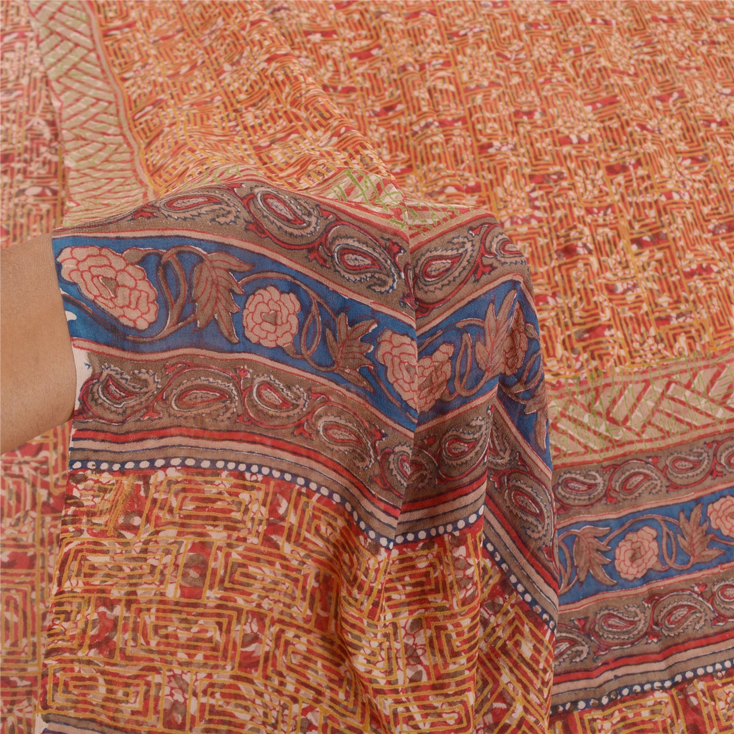 Sanskriti Vintage Røde Sarier 100% Ren Georgette Silke Trykt Sari Håndværk Bæredygtigt Stoff