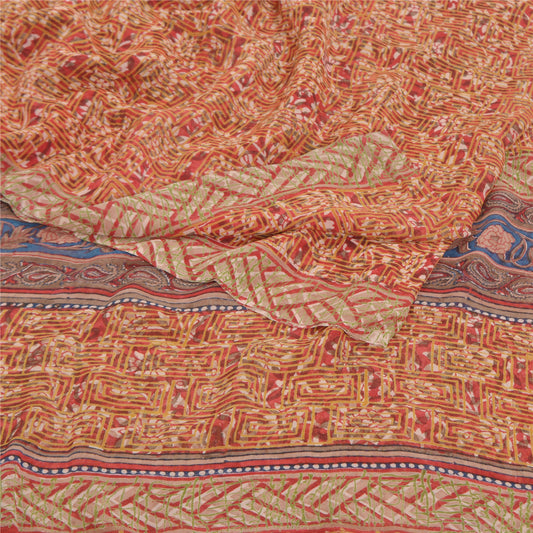Sanskriti Vintage Røde Sarier 100% Ren Georgette Silke Trykt Sari Håndværk Bæredygtigt Stoff