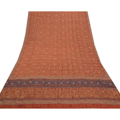 Sanskriti Vintage Røde Sarier 100% Ren Georgette Silke Trykt Sari Håndværk Bæredygtigt Stoff