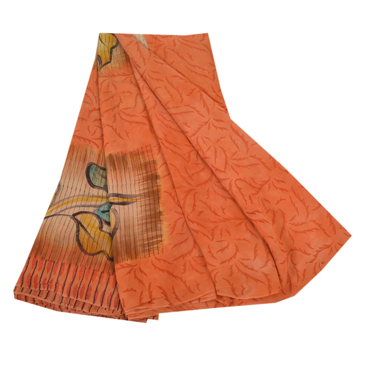 Sanskriti Vintage 100% Pure Georgette Silk Peach Saree Printed 5Yd Craft Fabric Boho Floral Quilting Material For DIY Projects
