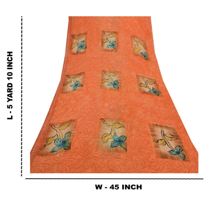 Sanskriti Vintage 100% Pure Georgette Silk Peach Saree Printed 5Yd Craft Fabric Boho Floral Quilting Material For DIY Projects