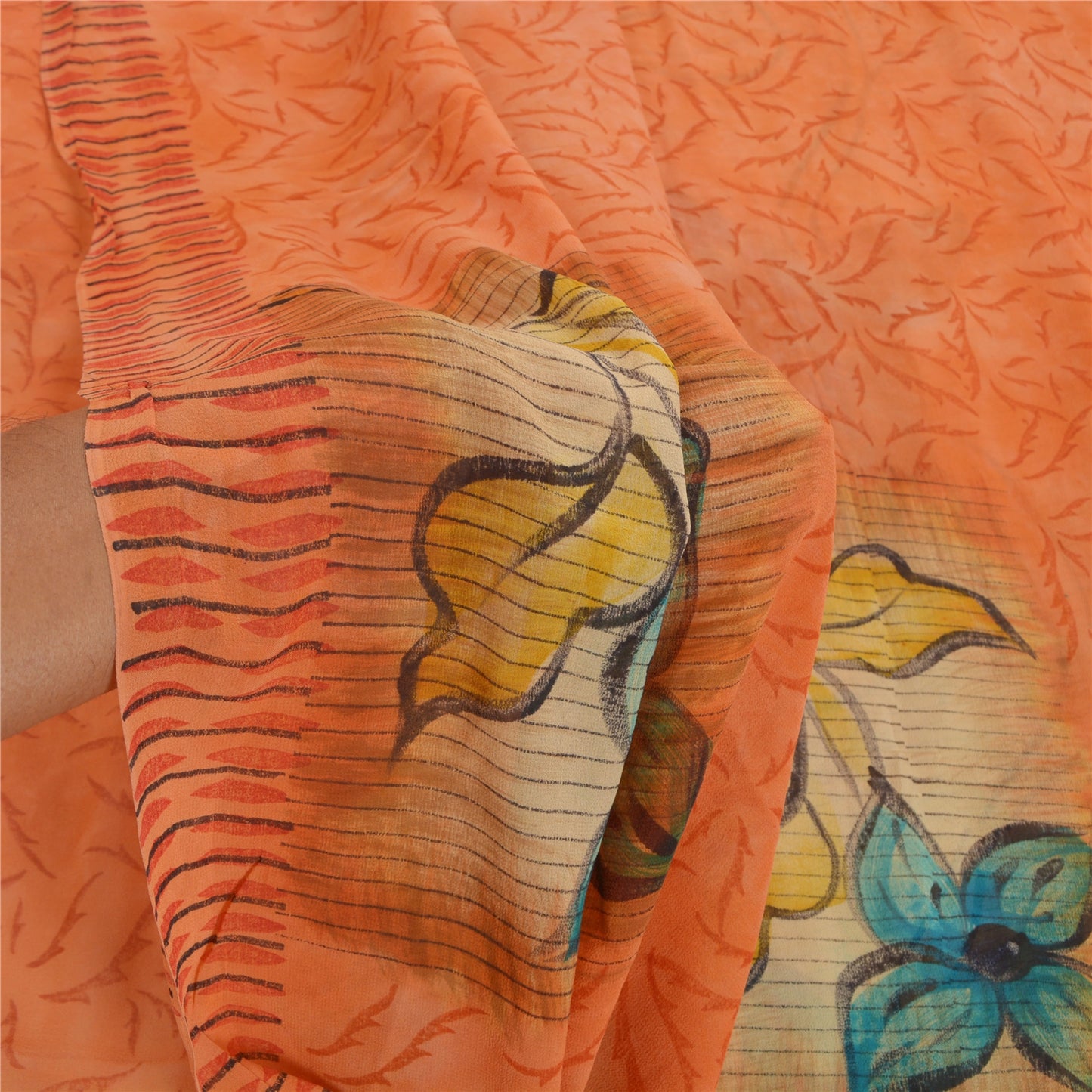 Sanskriti Vintage 100% Pure Georgette Silk Peach Saree Printed 5Yd Craft Fabric Boho Floral Quilting Material For DIY Projects