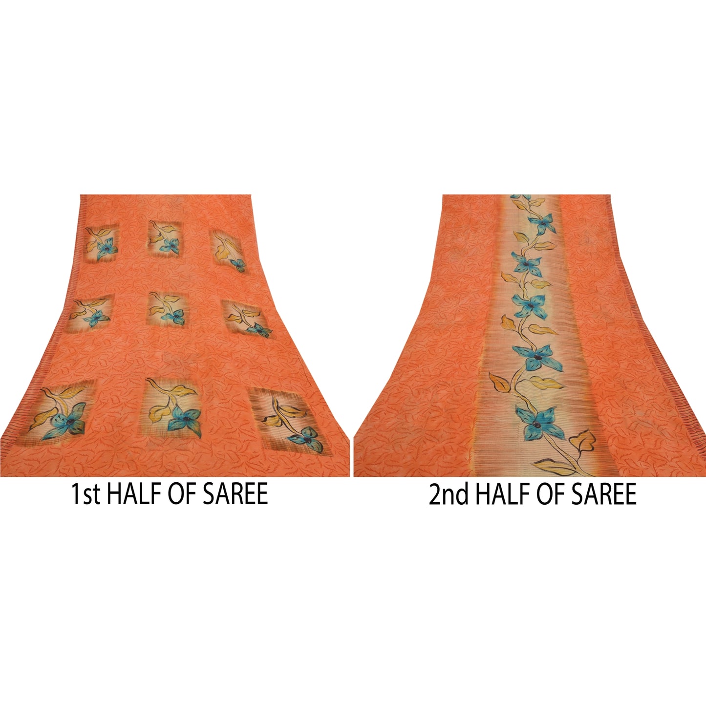 Sanskriti Vintage 100% Pure Georgette Silk Peach Saree Printed 5Yd Craft Fabric Boho Floral Quilting Material For DIY Projects