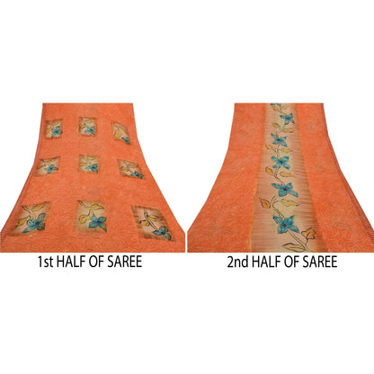 Sanskriti Vintage 100% Pure Georgette Silk Peach Saree Printed 5Yd Craft Fabric Boho Floral Quilting Material For DIY Projects