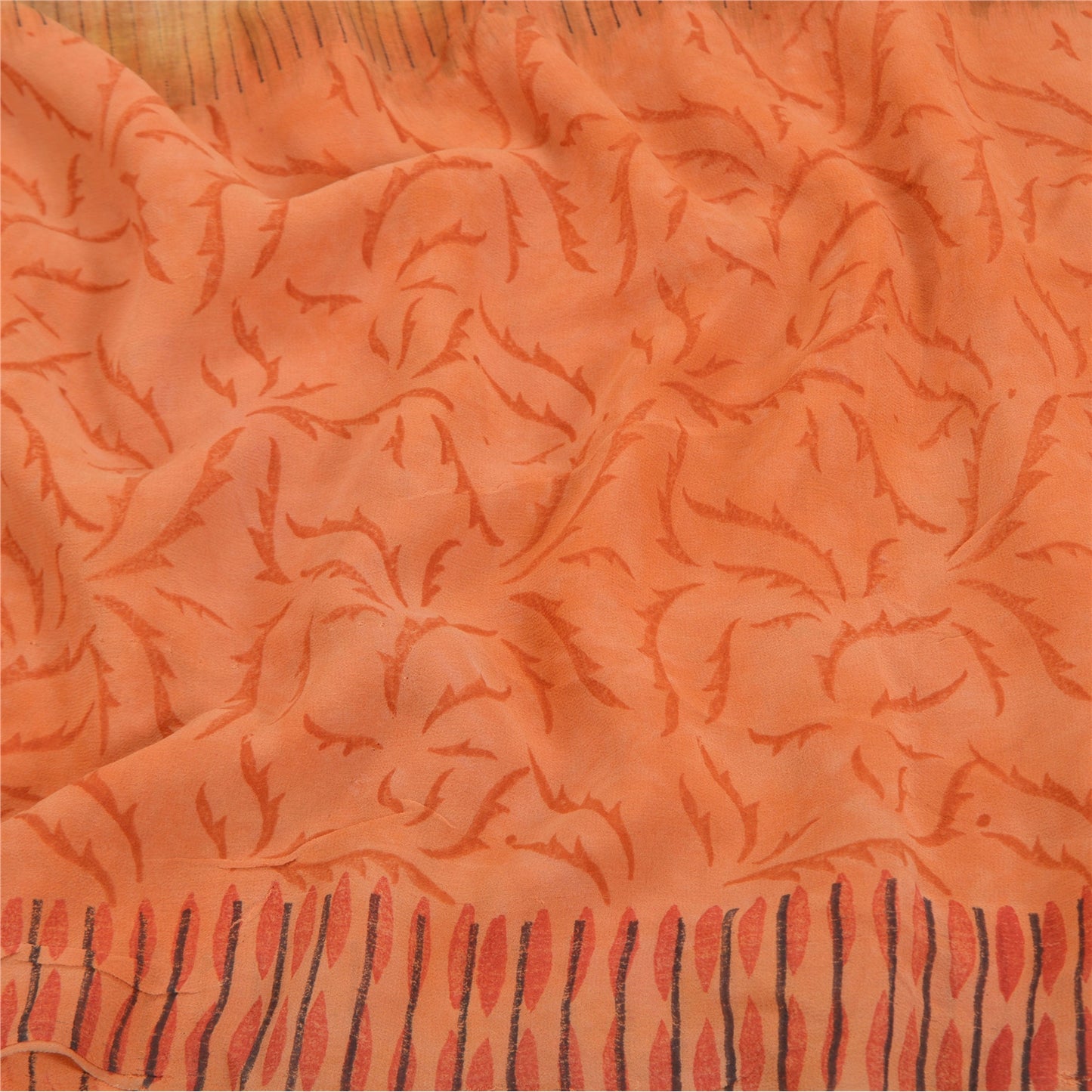 Sanskriti Vintage 100% Pure Georgette Silk Peach Saree Printed 5Yd Craft Fabric Boho Floral Quilting Material For DIY Projects