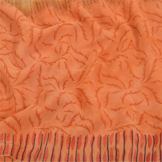 Sanskriti Vintage 100% Pure Georgette Silk Peach Saree Printed 5Yd Craft Fabric Boho Floral Quilting Material For DIY Projects