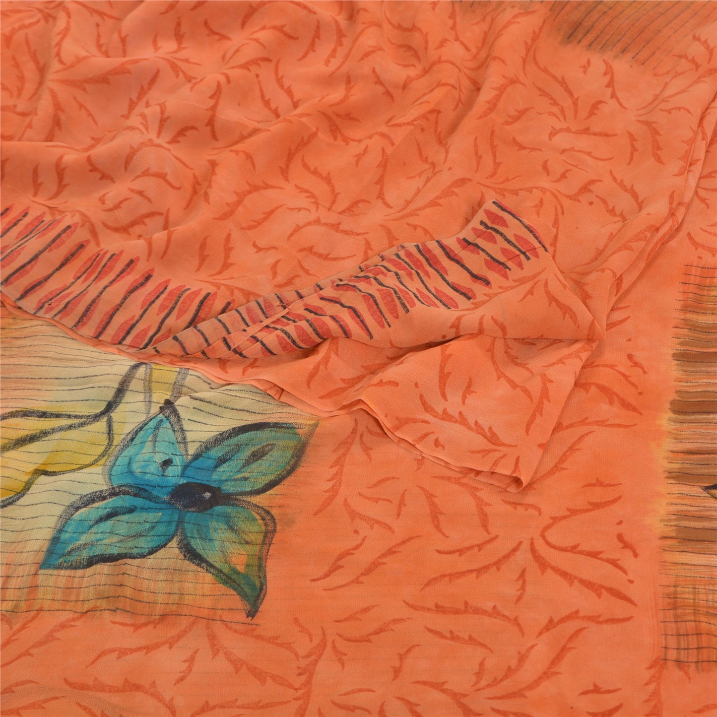 Sanskriti Vintage 100% Pure Georgette Silk Peach Saree Printed 5Yd Craft Fabric Boho Floral Quilting Material For DIY Projects