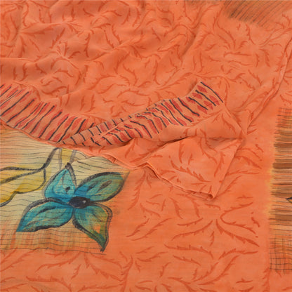 Sanskriti Vintage 100% Pure Georgette Silk Peach Saree Printed 5Yd Craft Fabric Boho Floral Quilting Material For DIY Projects