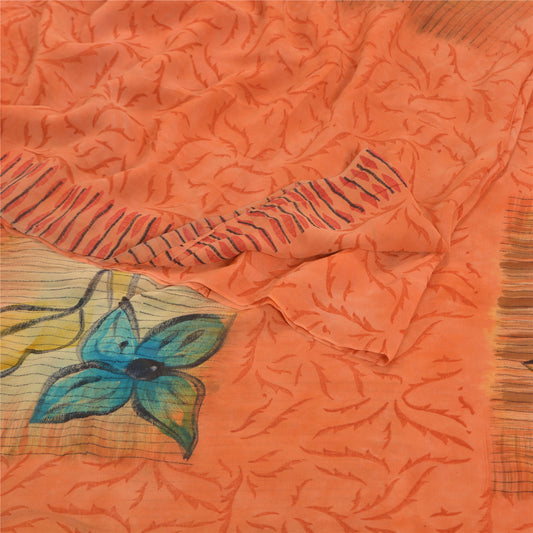 Sanskriti Vintage 100% Pure Georgette Silk Peach Saree Printed 5Yd Craft Fabric Boho Floral Quilting Material For DIY Projects