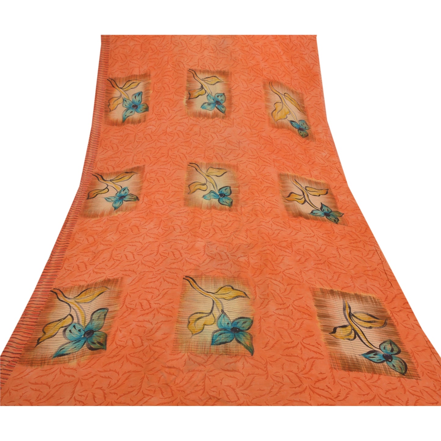 Sanskriti Vintage 100% Pure Georgette Silk Peach Saree Printed 5Yd Craft Fabric Boho Floral Quilting Material For DIY Projects
