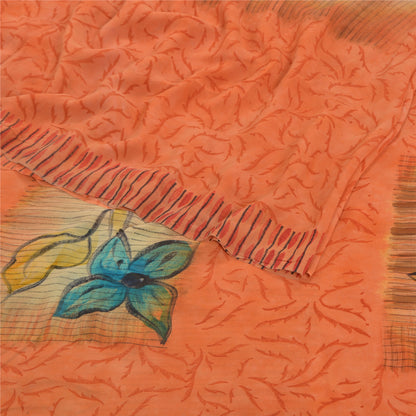 Sanskriti Vintage 100% Pure Georgette Silk Peach Saree Printed 5Yd Craft Fabric Boho Floral Quilting Material For DIY Projects