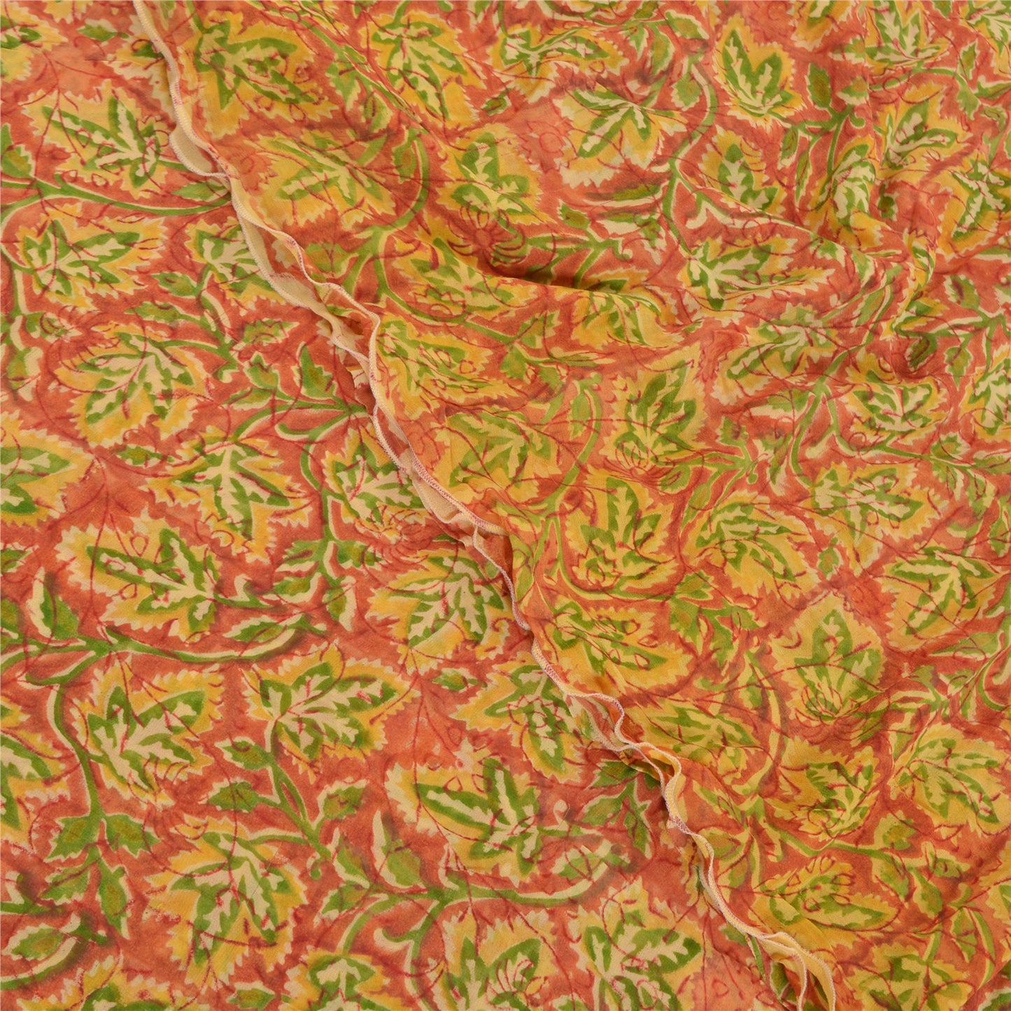 Sanskriti Vintage Sari Blend Georgette Orange Printed Saree 5 Yard Craft Fabric Home Decor, Women Floral Outfit, Silk Scrap