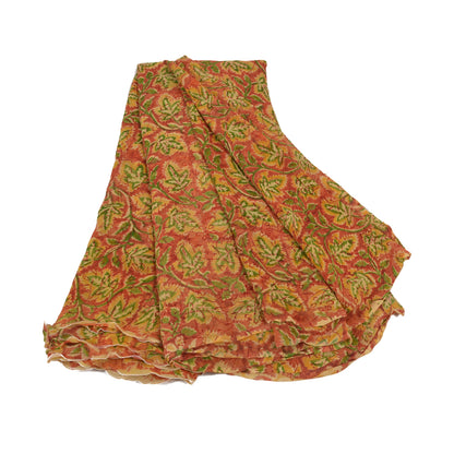 Sanskriti Vintage Sari Blend Georgette Orange Printed Saree 5 Yard Craft Fabric Home Decor, Women Floral Outfit, Silk Scrap