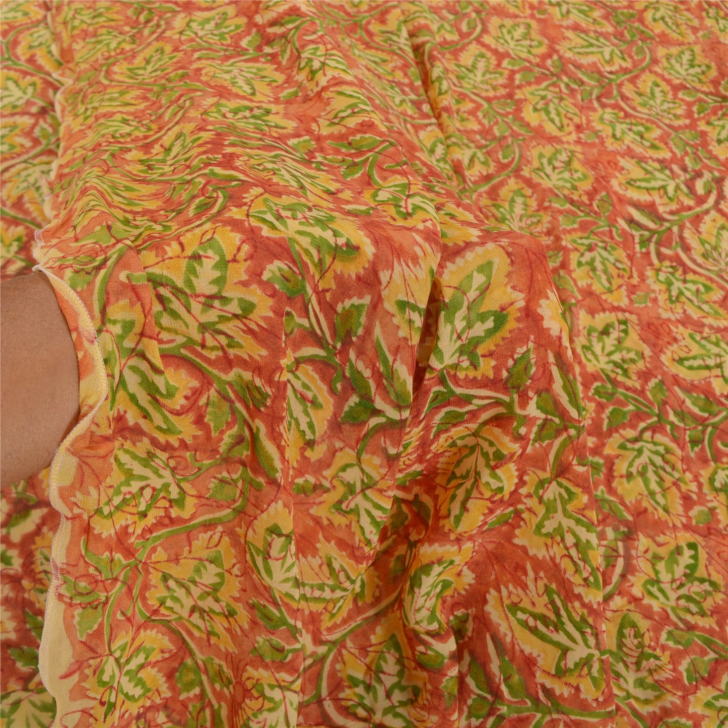 Sanskriti Vintage Sari Blend Georgette Orange Printed Saree 5 Yard Craft Fabric Home Decor, Women Floral Outfit, Silk Scrap