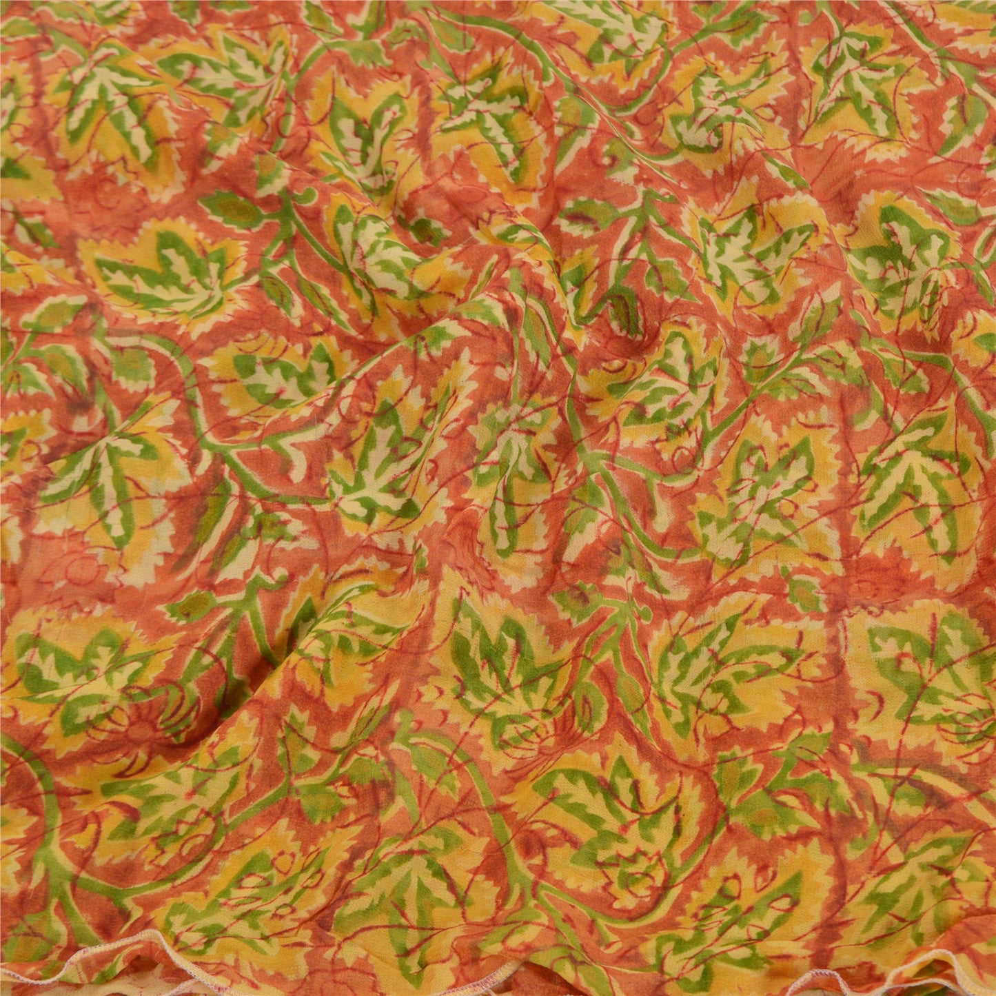 Sanskriti Vintage Sari Blend Georgette Orange Printed Saree 5 Yard Craft Fabric Home Decor, Women Floral Outfit, Silk Scrap