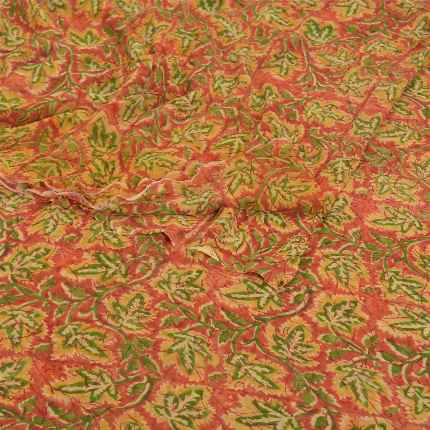 Sanskriti Vintage Sari Blend Georgette Orange Printed Saree 5 Yard Craft Fabric Home Decor, Women Floral Outfit, Silk Scrap