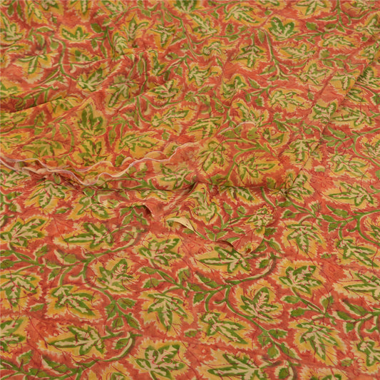 Sanskriti Vintage Sari Blend Georgette Orange Printed Saree 5 Yard Craft Fabric Home Decor, Women Floral Outfit, Silk Scrap